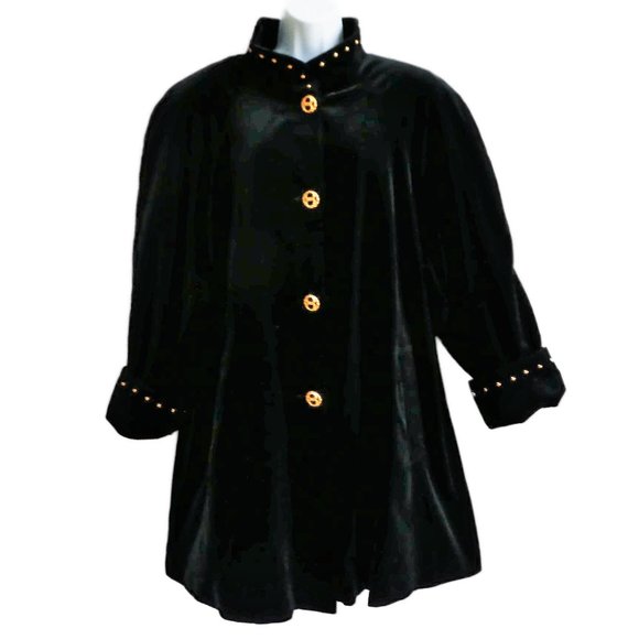 Vintage Jackets & Blazers - Vintage Komitor Black Velvet Swing Coat Gold Hardware Lined USA Union 18 20 Plus